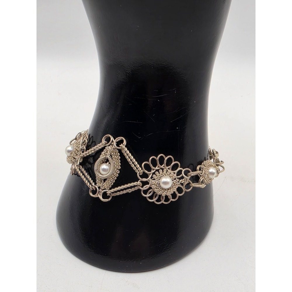 Silver Tone Filigree Wire Wrap Bracelet Faux Pearl Floral‎ Geometric Eye 7.5in